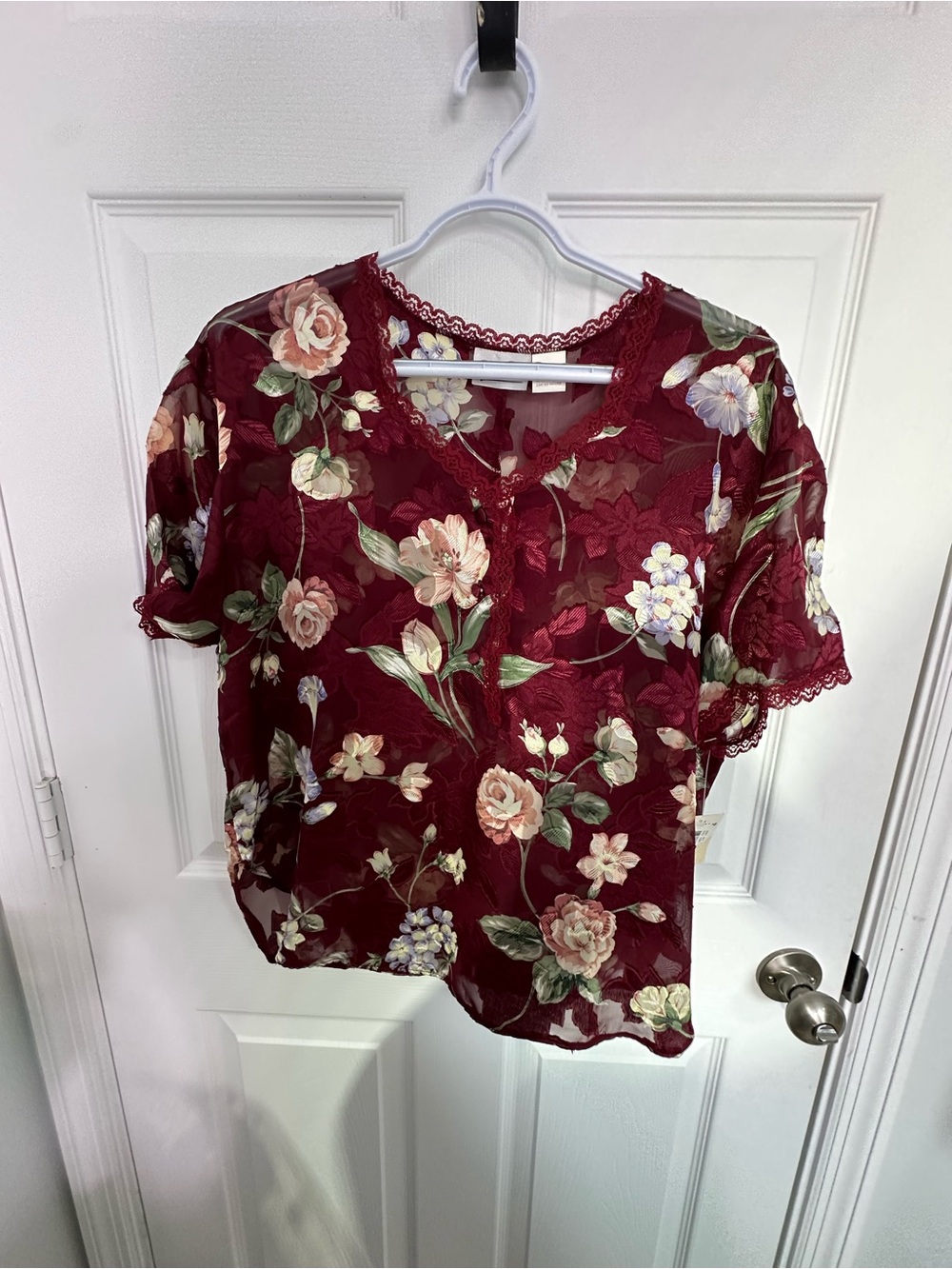 Women's Burgundy Floral Lace-Trim V-Neck Blouse